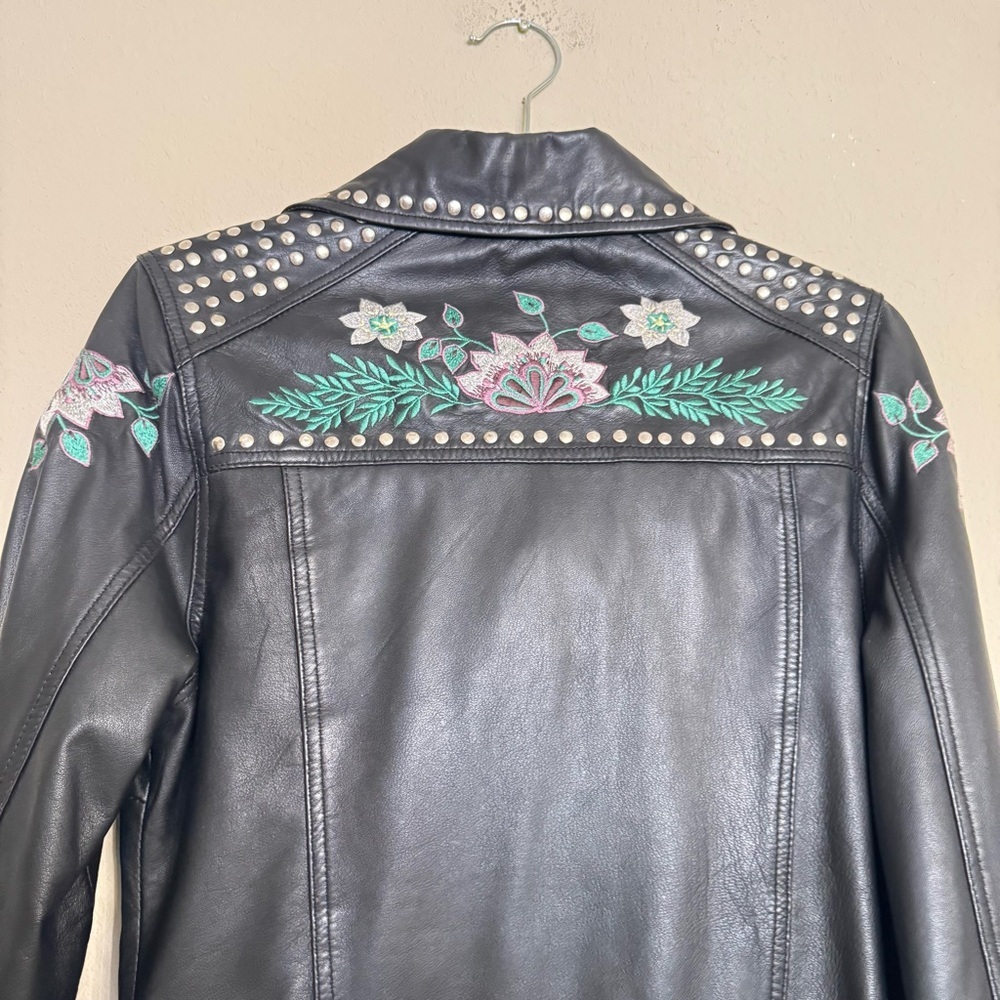 Barney's Original Floral Embroidered Studded 100% Leather Jacket Size 8 Motto - Picture 10 of 16
